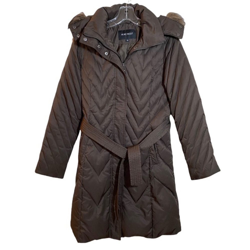 Nine West Chocolate Brown Down Feather Coat with Zip up, belt and removable hood